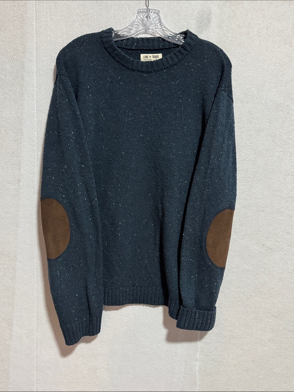 Line of Trade Navy Wool Blend Grandpacore Crewneck Sweater Brown Elbow Patches